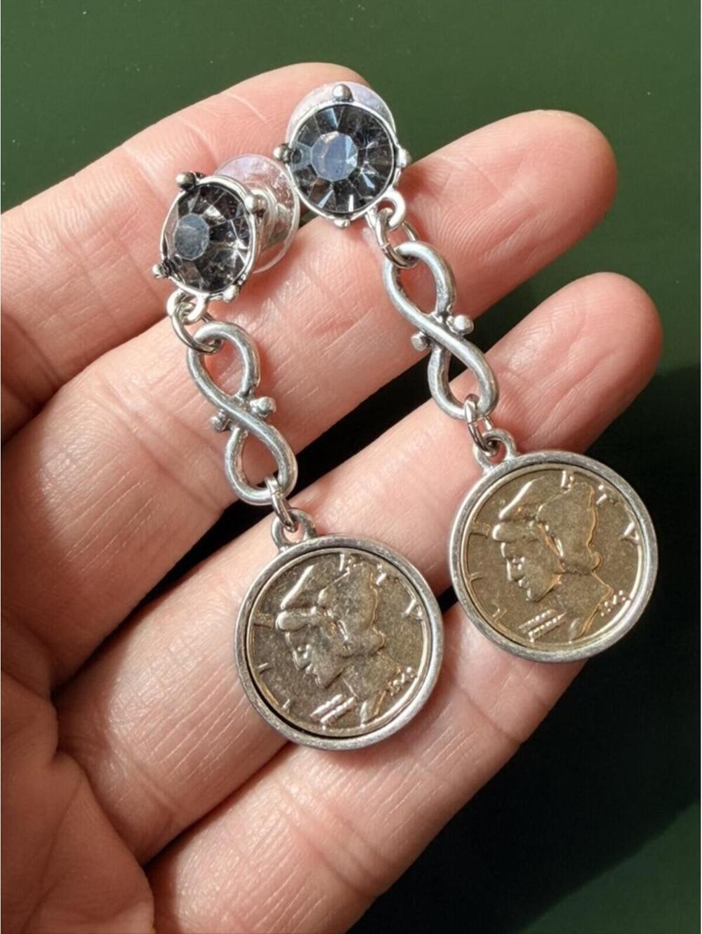 Y2K Mercury Dime Coin Drop Earrings Purple Rhinestone